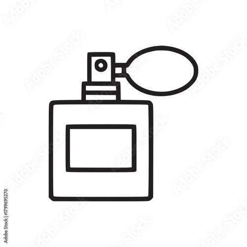 Outline illustration of a square perfume bottle with a bulb atomizer on a white background