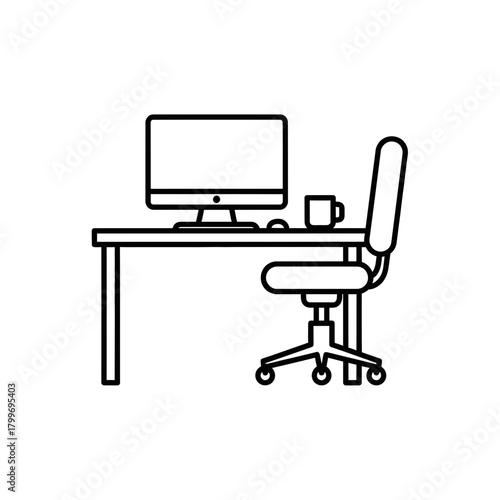 Home Office Workspace Icon with Computer Desk Chair and Coffee Cup