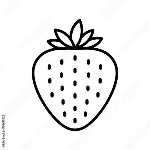 Strawberry Fruit Icon with Seeds and Green Leaves in Minimal Line Style