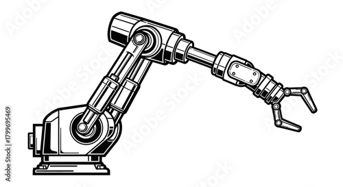 Black and white illustration of a robotic arm with a gripper, designed for industrial automation.