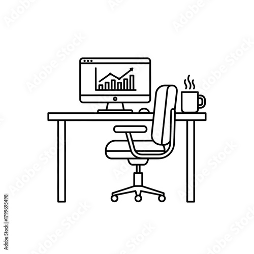 Home Office Workspace Icon with Computer Desk Chair and Coffee Cup