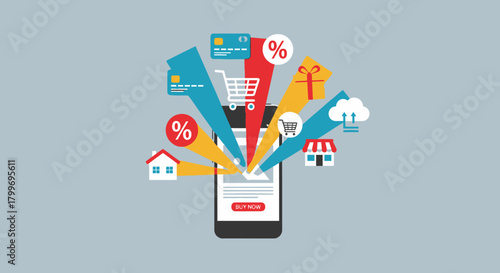 Mobile phone displaying various online shopping and e-commerce icons, representing digital transactions and consumerism.
