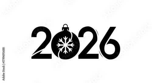 Creative black number 2026 with a Christmas bauble ornament and snowflake design.