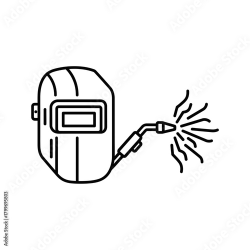 “Welding Worker Icon – Welder Helmet Line Art with Torch and Sparks Illustration”