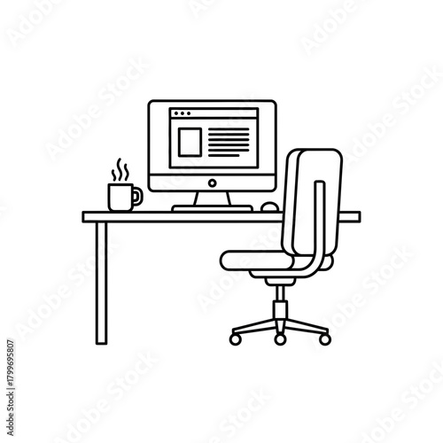 Home Office Workspace Icon with Computer Desk Chair and Coffee Cup
