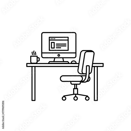 Home Office Workspace Icon with Computer Desk Chair and Coffee Cup