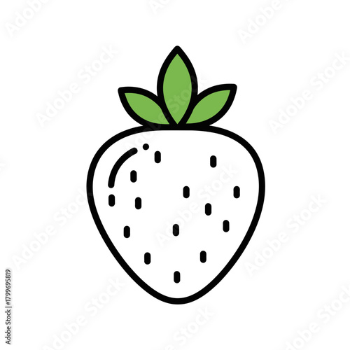 Strawberry Fruit Icon with Seeds and Green Leaves in Minimal Line Style