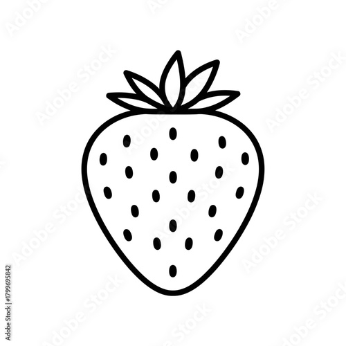 Strawberry Fruit Icon with Seeds and Green Leaves in Minimal Line Style