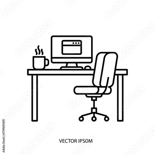 Home Office Workspace Icon with Computer Desk Chair and Coffee Cup