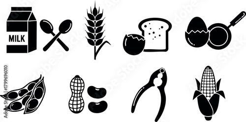 Food icons with milk wheat bread egg corn peanut soy nut silhouette vector illustration
