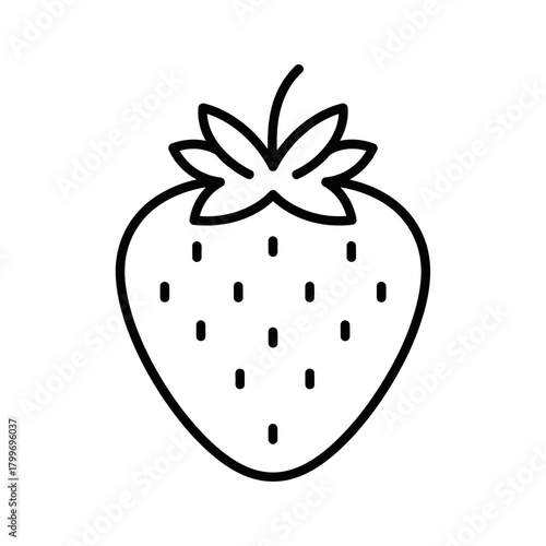 Strawberry Fruit Icon with Seeds and Green Leaves in Minimal Line Style