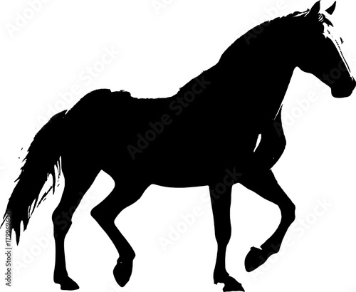 A dynamic black silhouette of a horse  exuding grace and strength against a clean white backdrop