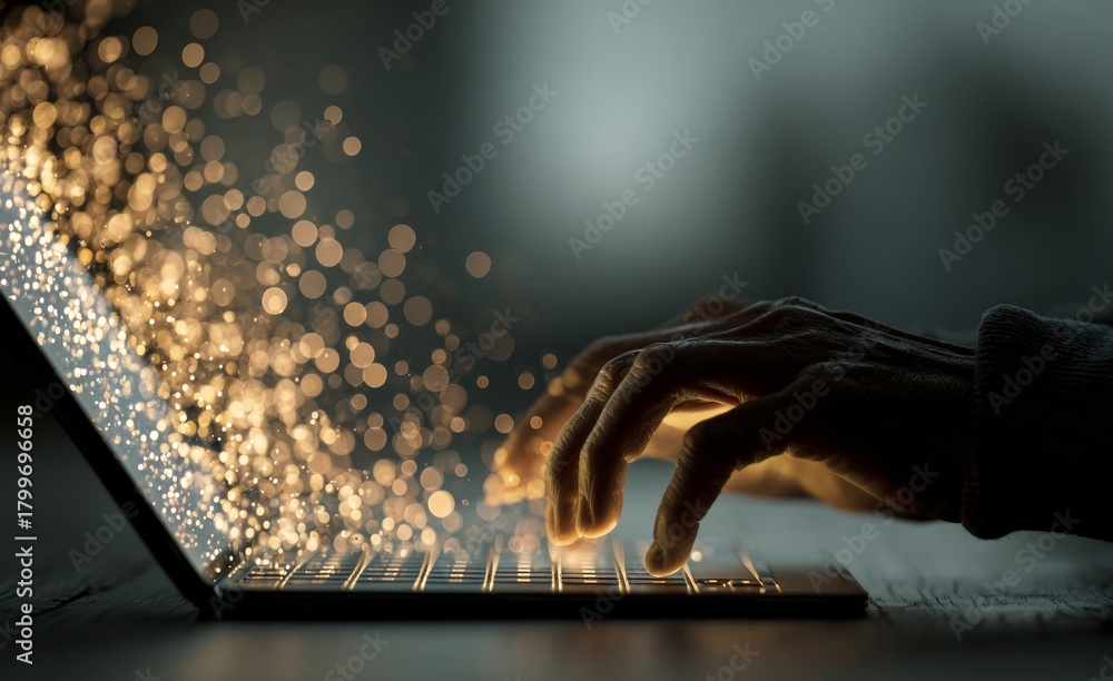 Fototapeta premium Hands typing on laptop keyboard generating digital light particles