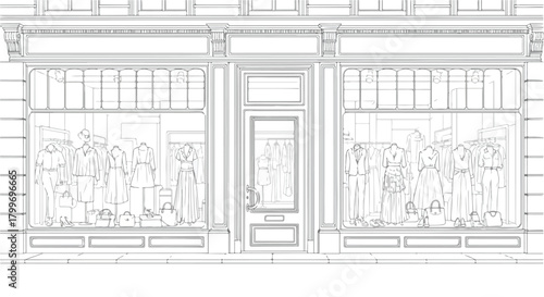 Architectural storefront drawing of a modern boutique featuring large glass windows, parallel structural framing, symmetrical layout, and clean urban commercial expression.