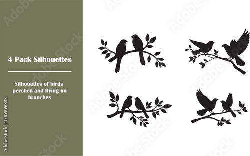 Bird Silhouettes on Branches – Flying and Perching Poses