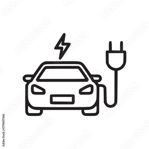 Electric car charging icon with plug and lightning bolt symbol in black and white line art style