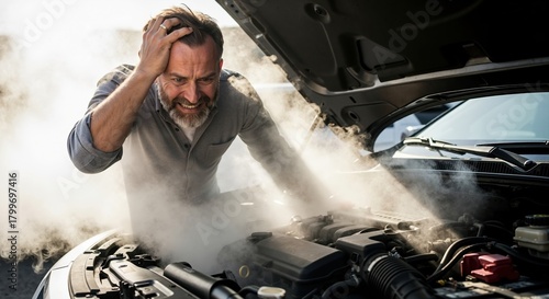 Frustrated man looking at a smoking engine after a car breakdown. Stressed driver with an overheated vehicle problem on the road needing assistance
