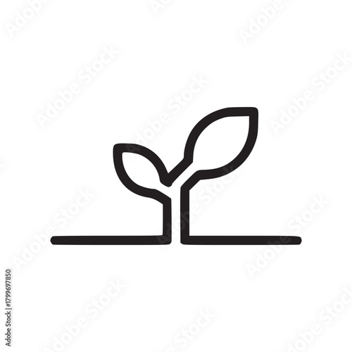 A minimalistic line drawing depicting a small plant sprouting from the ground on a white background