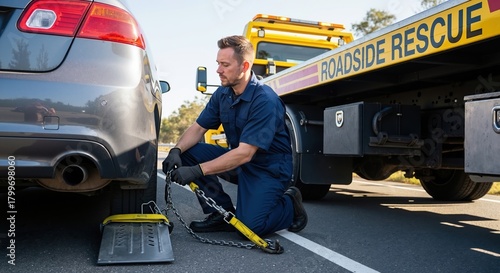 Tow truck operator securing a broken down car for towing. Professional roadside assistance service worker attaching a vehicle to a flatbed wrecker