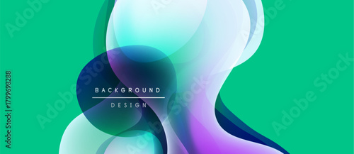 Abstract fluid shapes overlap, creating vibrant color gradients. Turquoise background complements purple, blue hues. Modern design element.