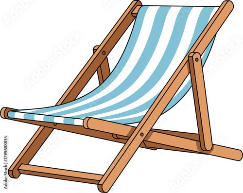 Vector Illustration of a Wooden Deckchair or Striped Beach Chair, Symbolizing Summer Vacation, Relaxation, Seaside Holidays, and Leisure Time