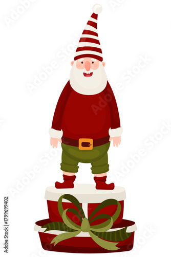 Playful flat-vector illustration of a cheerful Christmas elf standing on a ribbon-wrapped gift box. Features a long striped hat, white beard and festive clothing