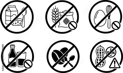 Allergy Warning Icons for Food Products Showing Common Allergens with Crossed Symbols and Warning Signs Vector Illustration