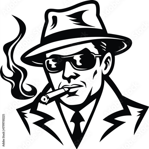 Stern Caucasian man in fedora and sunglasses smokes a cigar, with smoke billowing