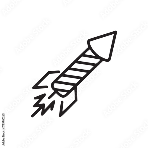 A simple line drawing of a rocket with flames shooting out from the bottom on a white background