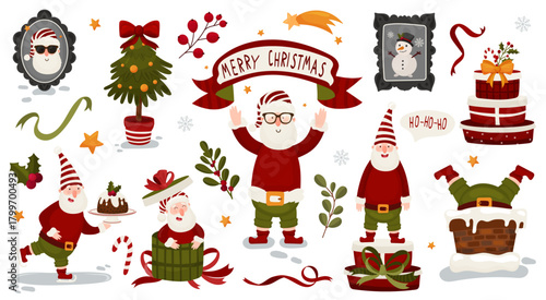 A cheerful winter collection of Christmas Gnome Clipart Set - Cute Holiday Santa Elves, Santa-style characters, wrapped gifts, festive greenery, winter desserts, ribbons, stars and seasonal decor