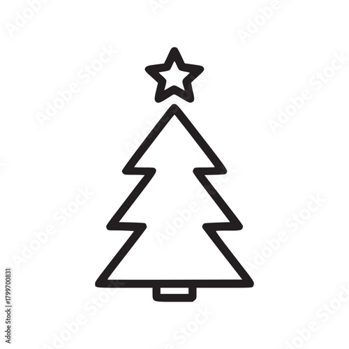 A simple black outline of a christmas tree with a star on top against a white background space