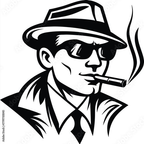 Stylish noir man smoking a cigar wears a fedora and sunglasses in monochrome