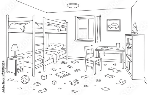 line sketch dirty child room with bunk bed