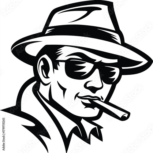 Monochrome man wearing sunglasses and hat confidently smokes a cigar, showing strong character