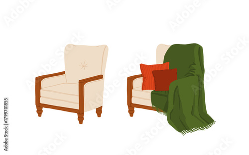 Christmas cozy armchair with blankets and pillows. Warm festive winter interior scene, comfy hygge holiday home decor illustration.