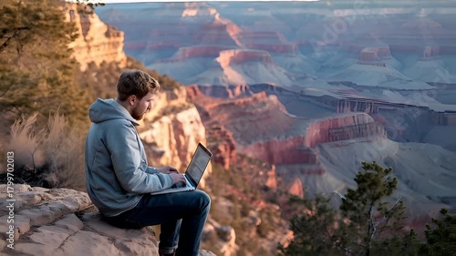 A man in a blue hoodie sits on a rocky outcrop, engrossed in his laptop against a backdrop of a vast canyon.