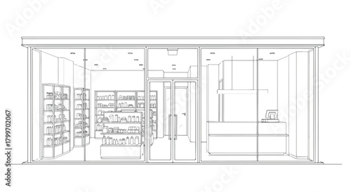 Architectural sketch of a clean modern boutique with structured interior shelving, transparent storefront glazing, and minimalist organized retail presentation.