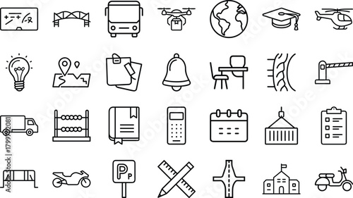 Bundle of Transportation, Logistics, and Education Line Art Icons: Travel, Vehicles, School, Mapping, Delivery, and Supply Chain Symbols