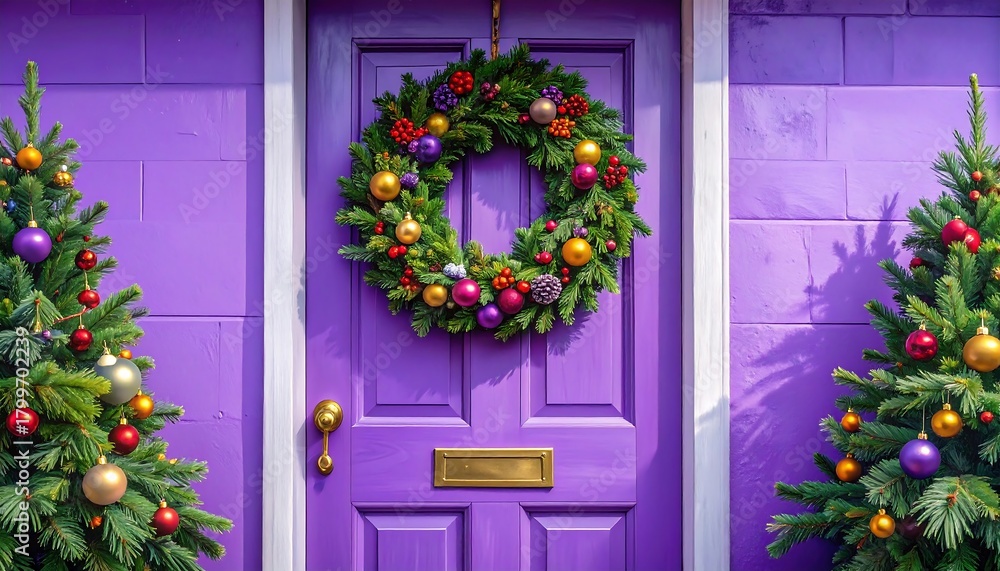 Fototapeta premium A vibrant purple door with a festive Christmas wreath and flanking decorated fir trees