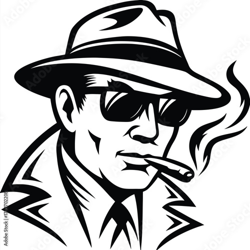 Monochrome man in hat and sunglasses smokes cigar with rising smoke trails