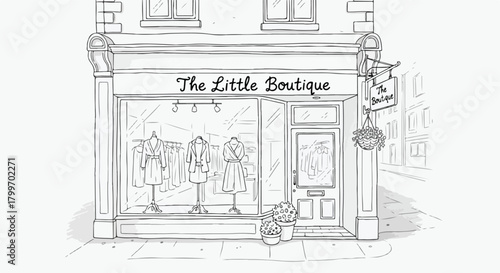 Vintage storefront drawing of a small boutique with awning signage, framed window displays, decorative trim, and charming old-town commercial appearance.
