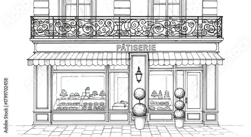Architectural sketch of a decorative boutique with balcony railing, striped awning, window framing, and elegant heritage-style commercial facade treatment.