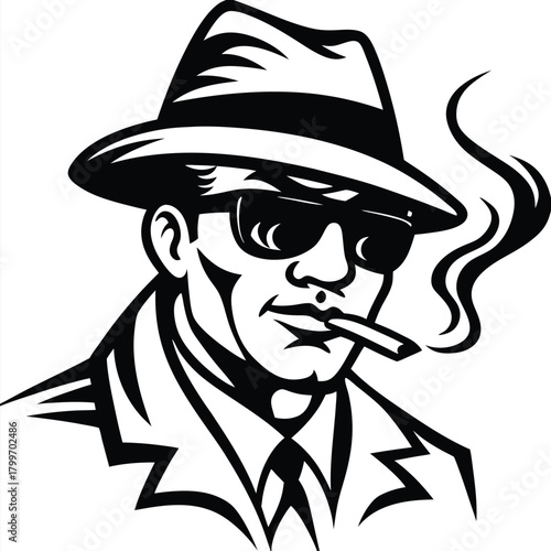 Monochrome man wearing sunglasses and a hat smokes a cigarette with stylish flair