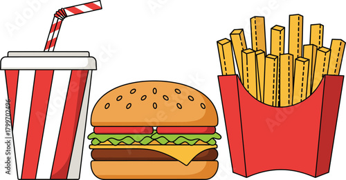 Vector Illustration of a Classic Fast Food Combo Meal Set with Cheeseburger, Soda Drink, and French Fries in Red Packaging for Restaurant and Takeout