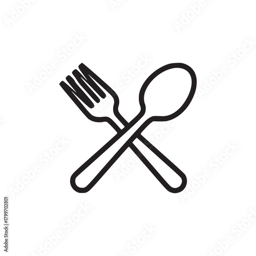 A simple black outline of a fork and spoon crossed on a white background in a minimalist style