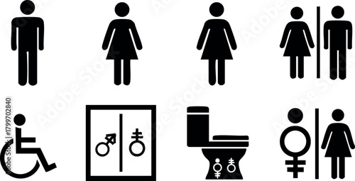 Public Restroom Symbols Vector Icons Including Accessibility and Gender Signs for Universal Use