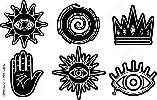 Mystical eye symbols hand crown sun spiral vector illustration in black and white graphic design