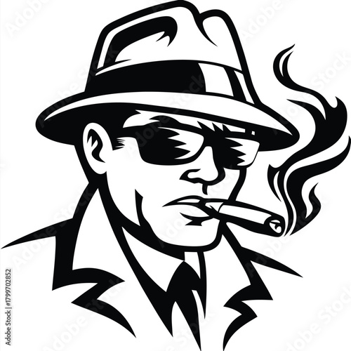 Monochrome man with sunglasses smokes cigar while wearing fedora and suit with a shirt
