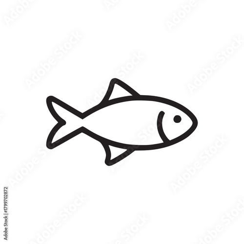 A simple black outline drawing of a fish with fins and a tail on a plain white background isolated