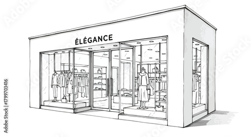 Minimalist line-art sketch of a compact boutique with clean rectangular massing, large glazing, and simple modern exterior retail styling.